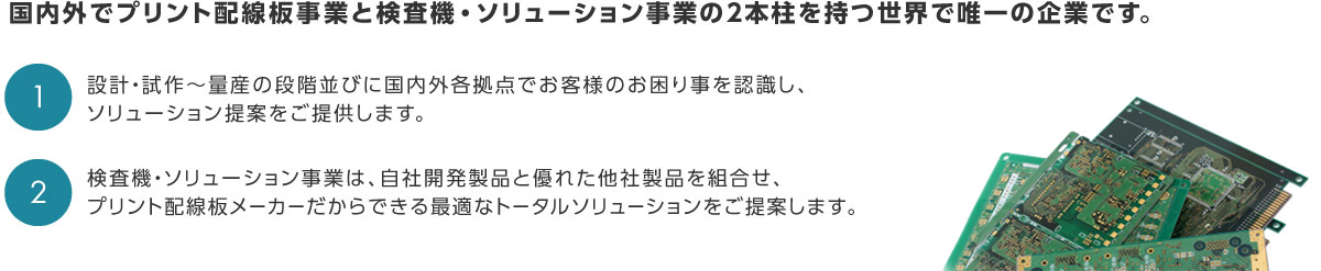 国内外でプリント基板事業と検査機・ソリューション事業の2本柱を持つ世界で唯一の企業です。 1.設計・試作?量産の段階並びに国内外各拠点でお客様のお困り事を認識し、ソリューション提案をご提供します。2.検査機・ソリューション事業は、自社開発製品と優れた他社製品を組合せ、プリント基板メーカーだからできる最適なトータルソリューションをご提案します